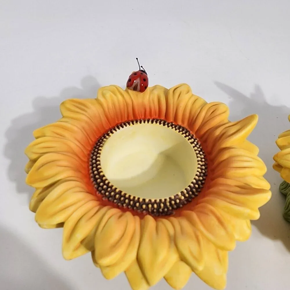 Sunflower Shaped Ceramic Candle Holders With Ladybug Butterfly Accents Partylite